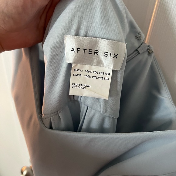 Dessy After Six Bridesmaid Chiffon Spaghetti Strap Gown Front Slit in Mist 12-R - Picture 4 of 5